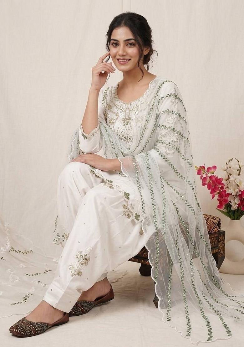 White Embroidered Satin Kurta Set - Indya