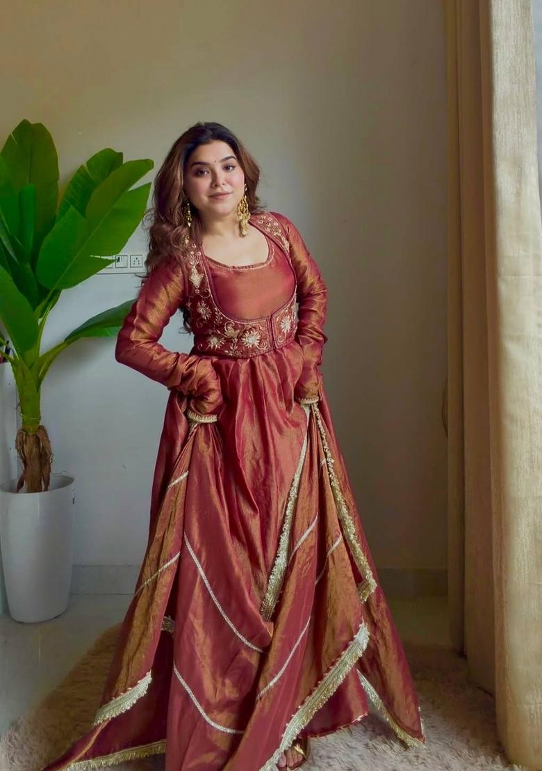Light Red Embroidered Silk Blend Kurta Set - Indya