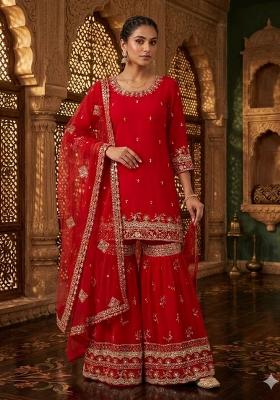 Red Embroidered Georgette Kurta Set
