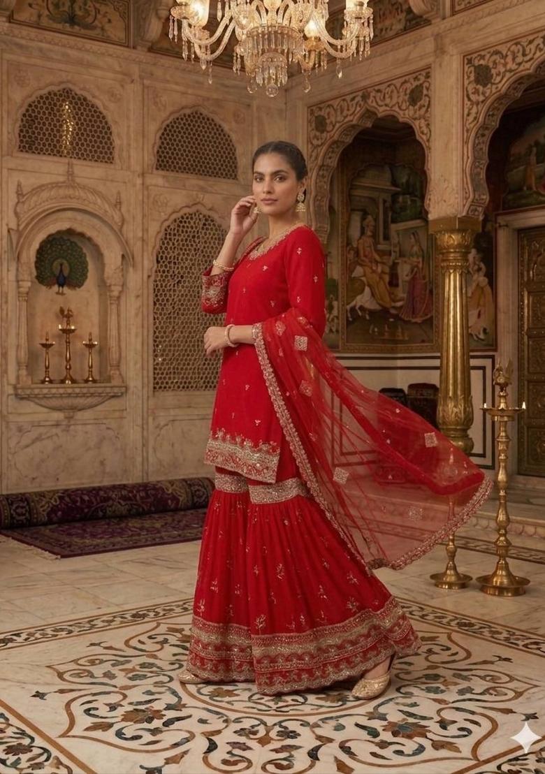 Red Embroidered Georgette Kurta Set - Indya