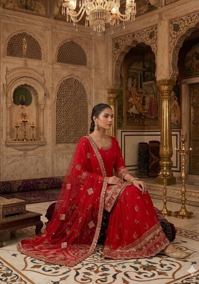 Red Embroidered Georgette Kurta Set - Indya