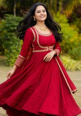 Red Embroidered Cotton Kurta Set