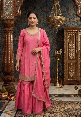 Pink Embroidered Chinon Kurta Set