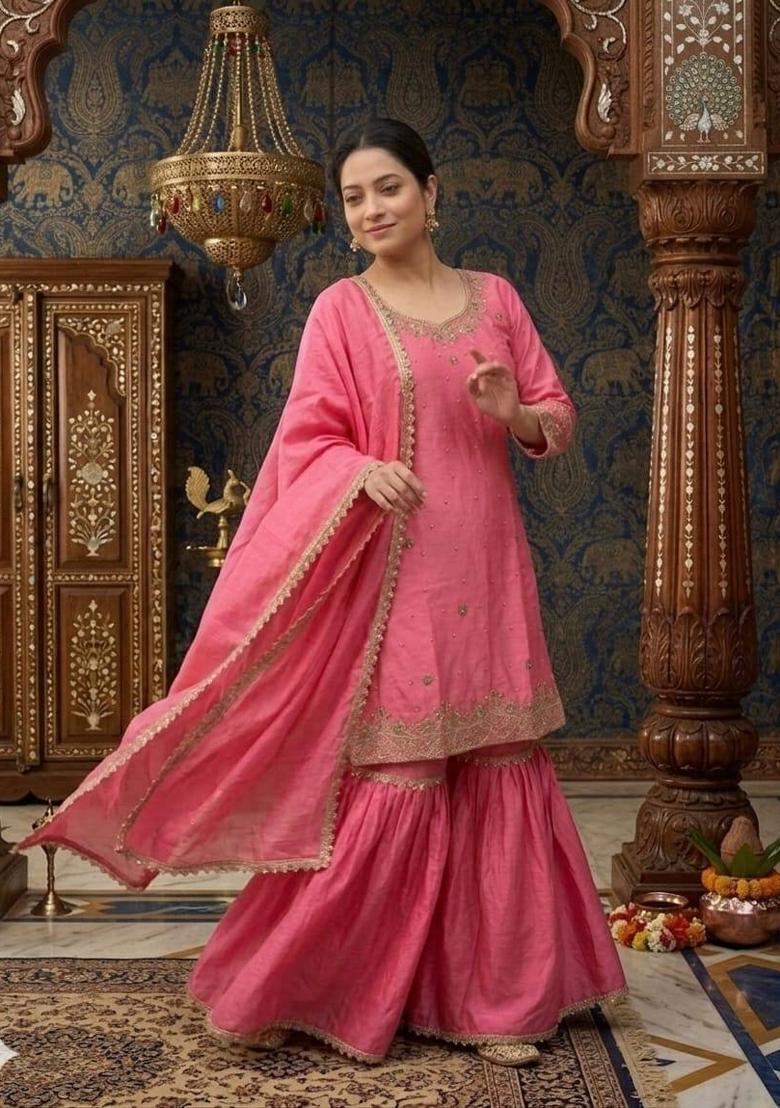 Pink Embroidered Chinon Kurta Set - Indya