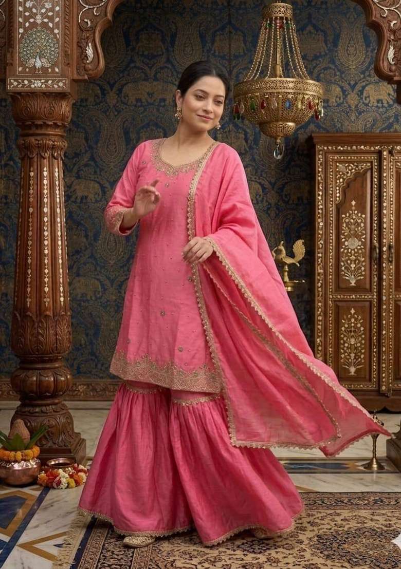 Pink Embroidered Chinon Kurta Set - Indya