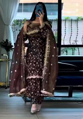Coffee Embroidered Silk Blend Kurta Set