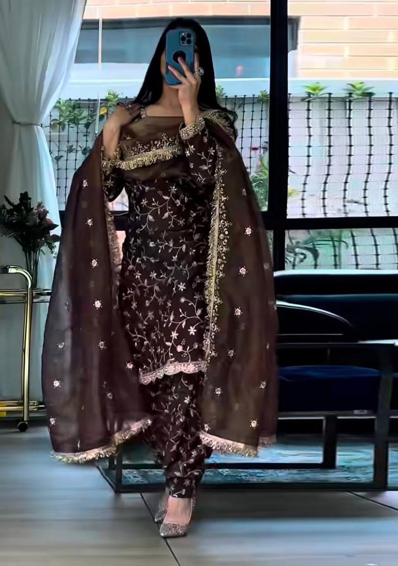 Coffee Embroidered Silk Blend Kurta Set - Indya