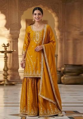 Yellow Embroidered Chinon Kurta Set