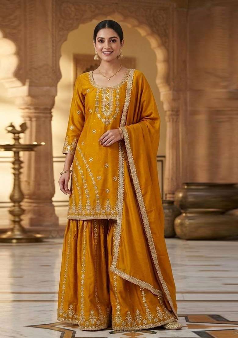 Yellow Embroidered Chinon Kurta Set - Indya