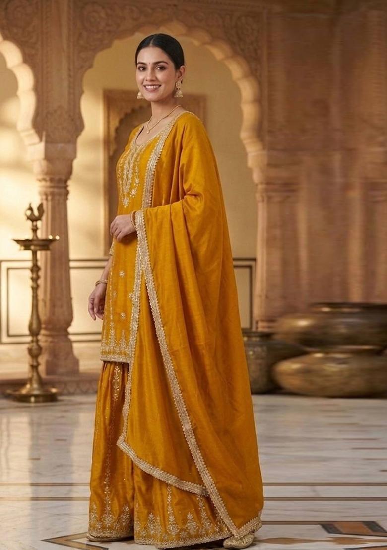 Yellow Embroidered Chinon Kurta Set - Indya