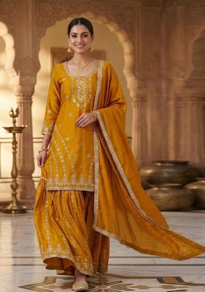 Yellow Embroidered Chinon Kurta Set - Indya