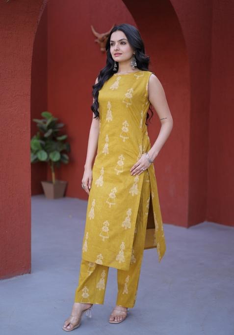 Yellow Printed Cotton Kurta Set