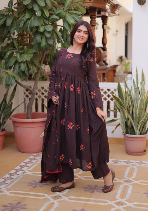 Brown Embroidered Cotton Kurta Set