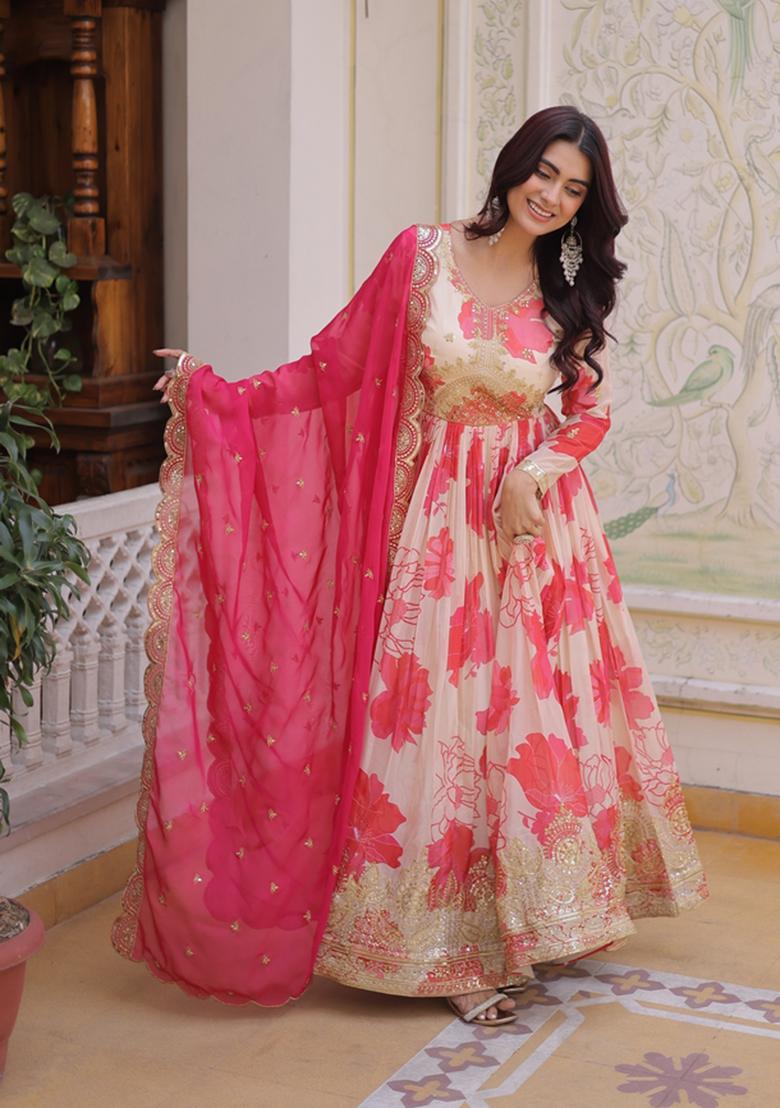 Pink Embroidered Silk Blend Anarkali Set - Indya