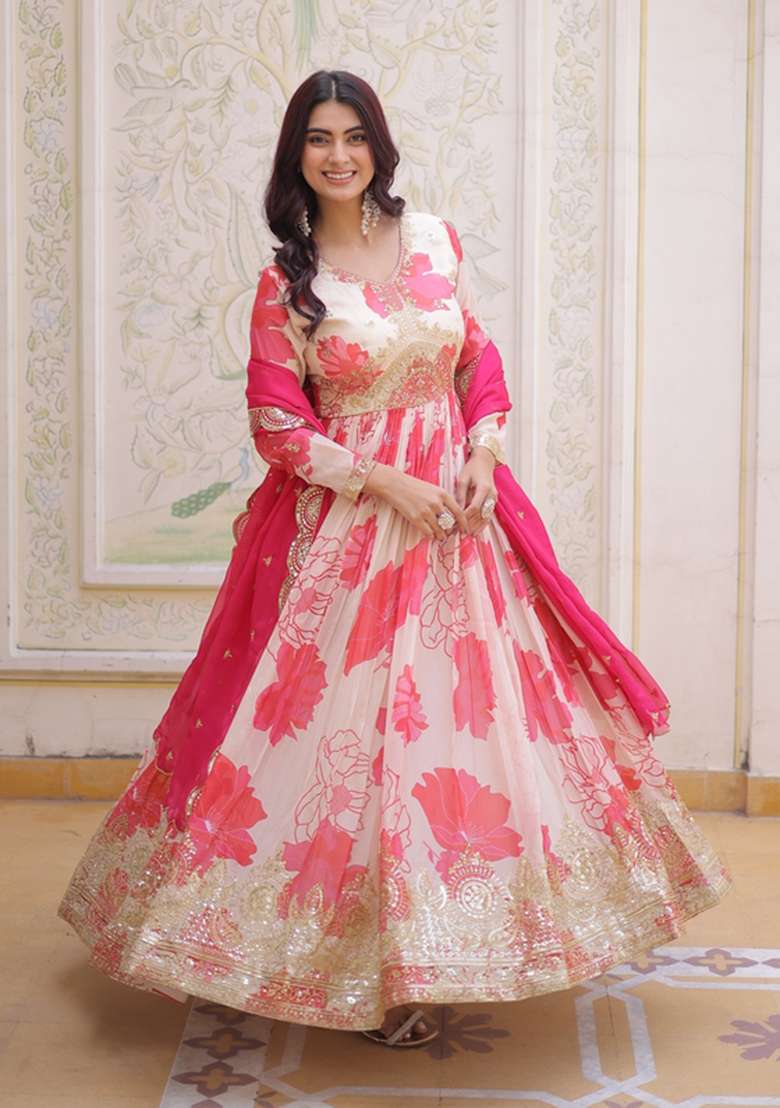 Pink Embroidered Silk Blend Anarkali Set - Indya