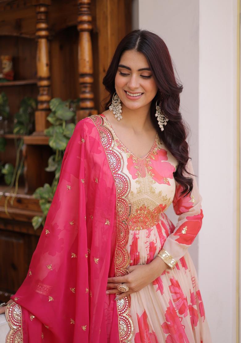 Pink Embroidered Silk Blend Anarkali Set - Indya