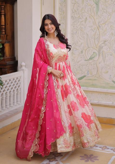 Pink Embroidered Silk Anarkali Set
