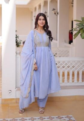 Sky Blue Beads Work Mal Chanderi Anarkali Set