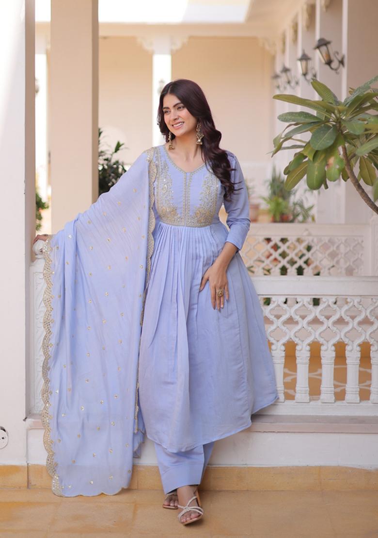 Sky Blue Beads Work Mal Chanderi Anarkali Set - Indya