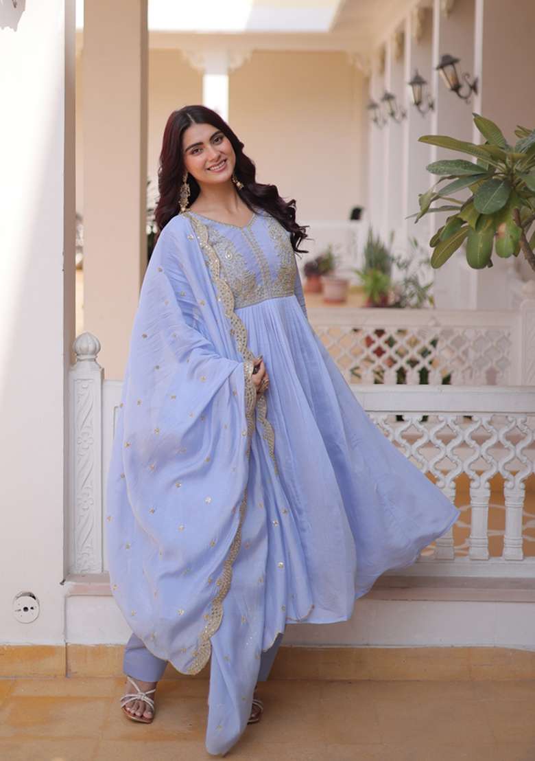 Sky Blue Beads Work Mal Chanderi Anarkali Set - Indya