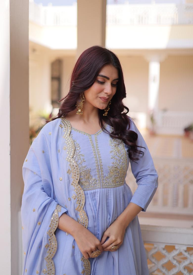 Sky Blue Beads Work Mal Chanderi Anarkali Set - Indya