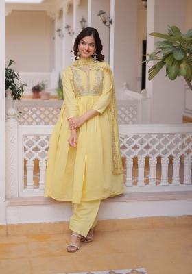 Yellow Beads Work Mal Chanderi Anarkali Set