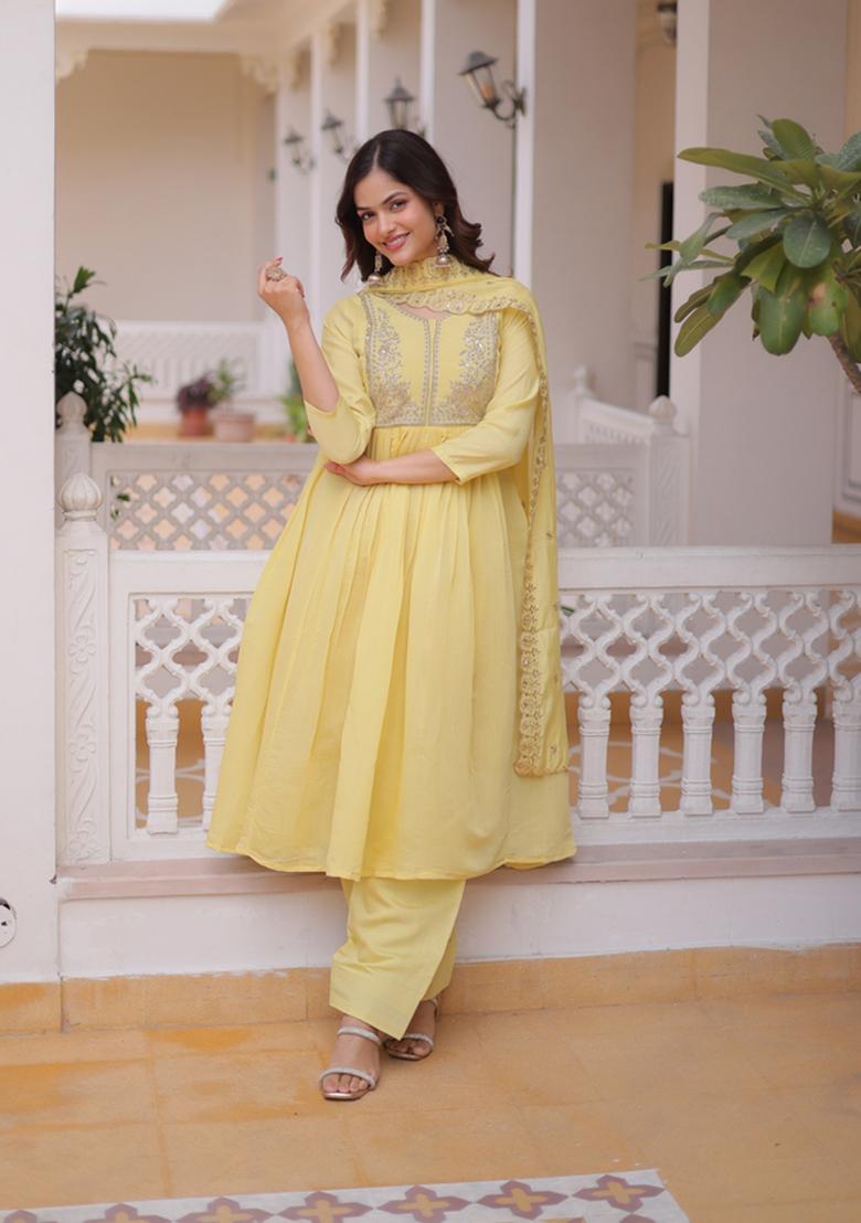 Yellow Beads Work Mal Chanderi Anarkali Set - Indya