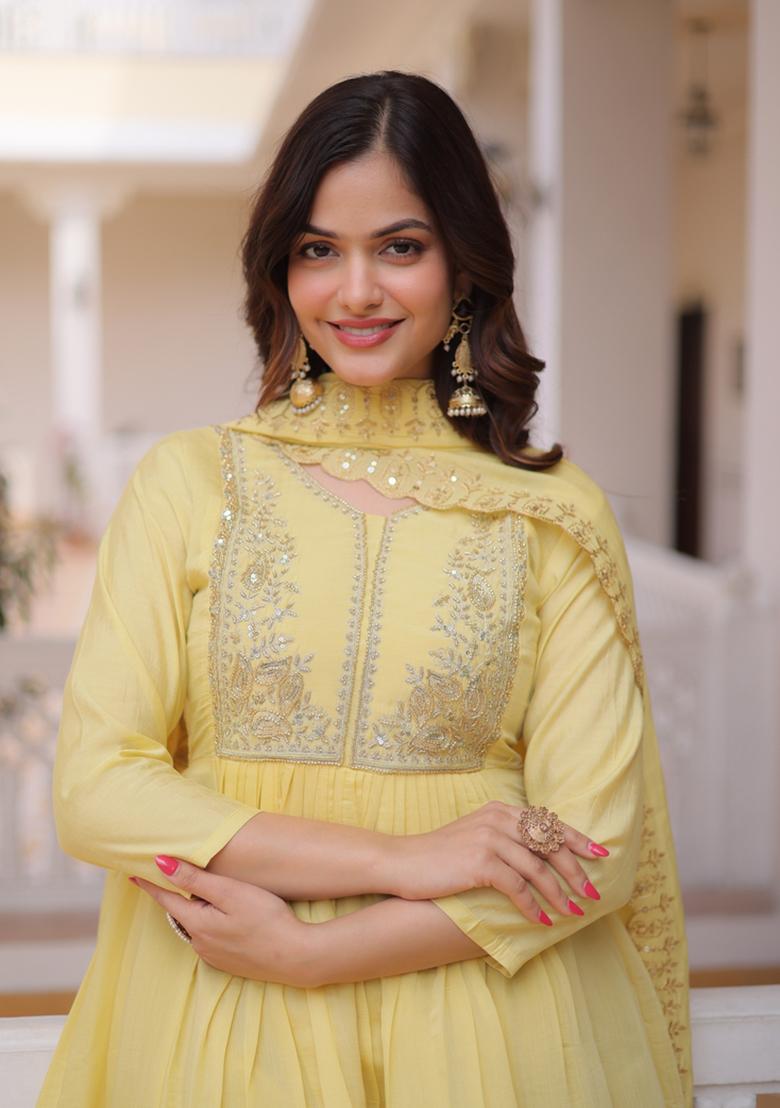 Yellow Beads Work Mal Chanderi Anarkali Set - Indya