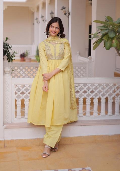 Yellow Beads Work Mal Chanderi Anarkali Set