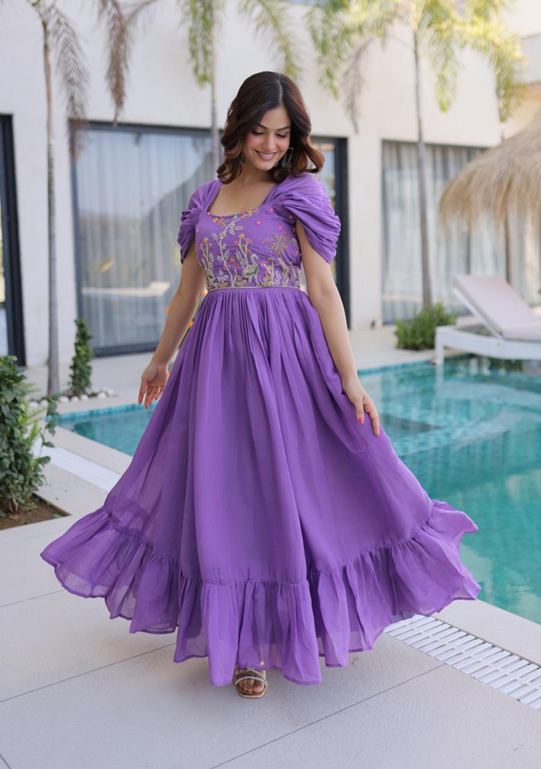 Purple Beads Work Mal Chanderi Anarkali - Indya