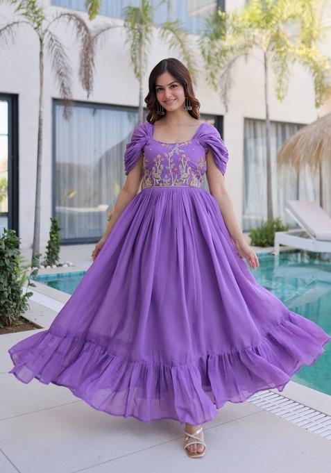 Purple Beads Work Mal Chanderi Anarkali