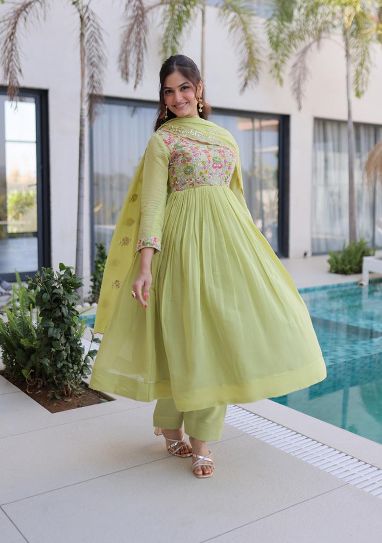 Pista Beads Work Mal Chanderi Anarkali Set - Indya