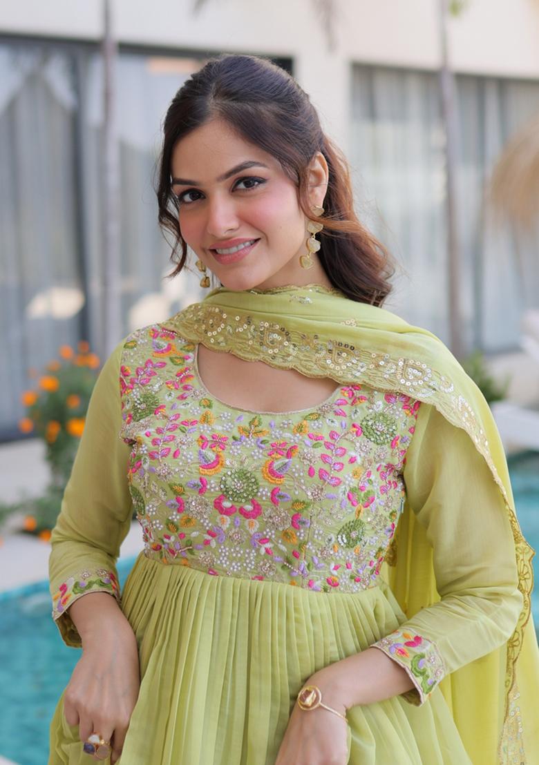 Pista Beads Work Mal Chanderi Anarkali Set - Indya