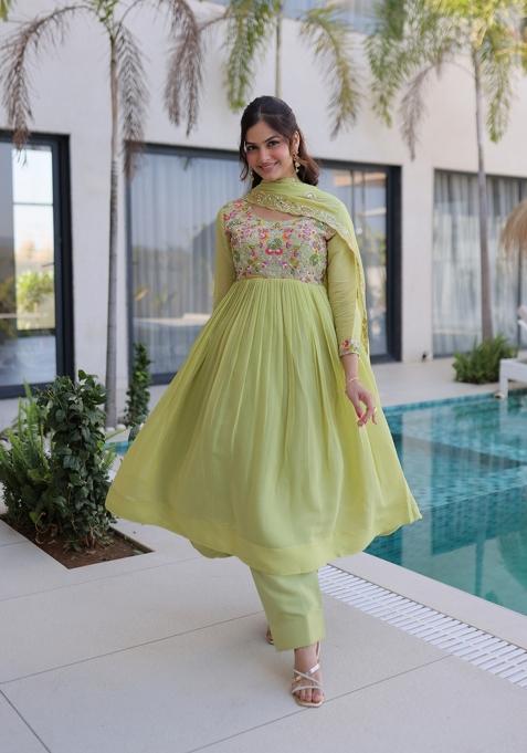 Pista Beads Work Mal Chanderi Anarkali Set