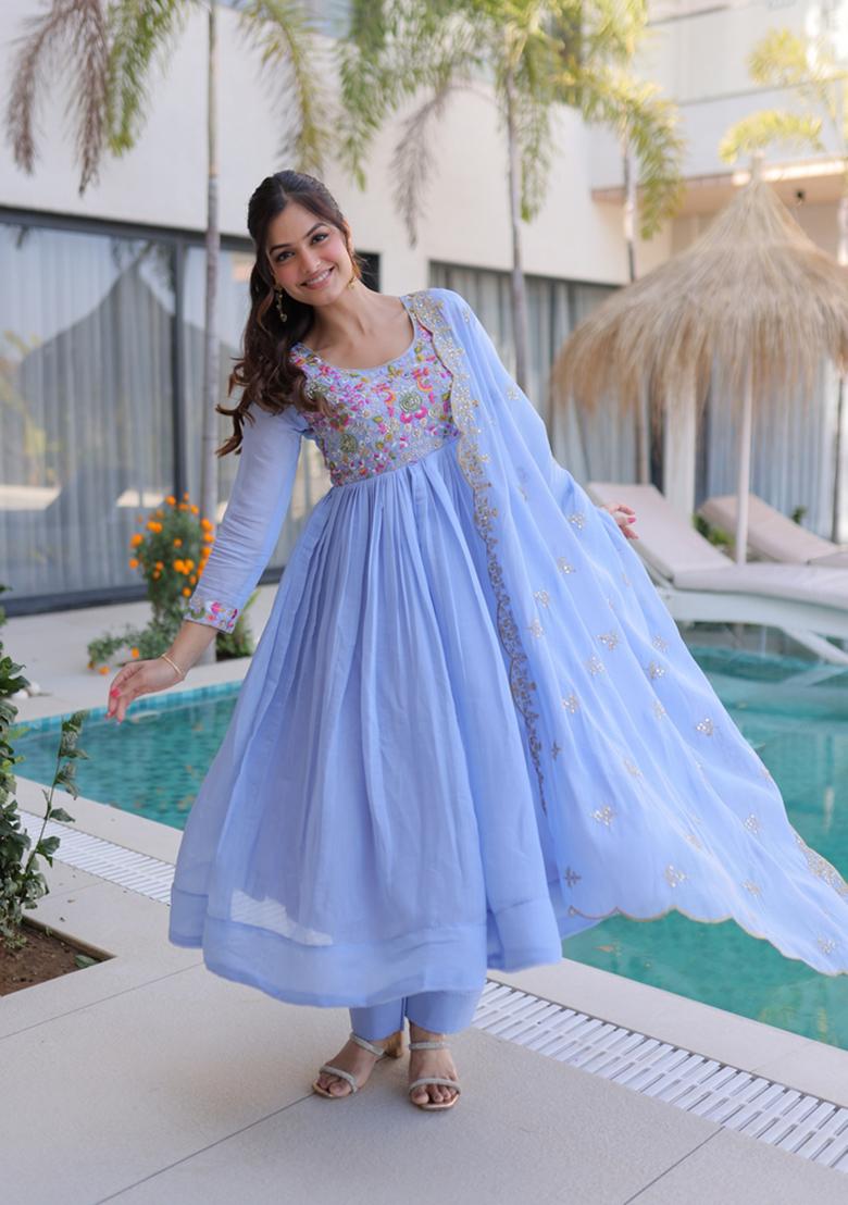 Sky Blue Beads Work Mal Chanderi Anarkali Set - Indya