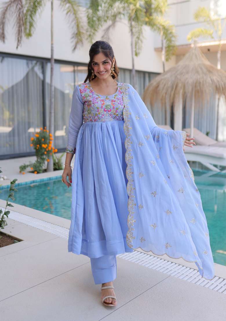 Sky Blue Beads Work Mal Chanderi Anarkali Set - Indya
