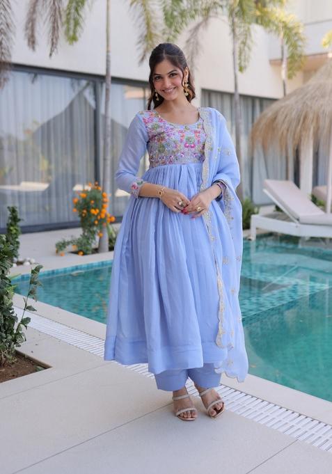 Sky Blue Beads Work Mal Chanderi Anarkali Set