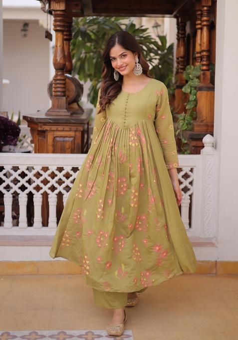Pista Embroidered Mal Chanderi Kurta Set