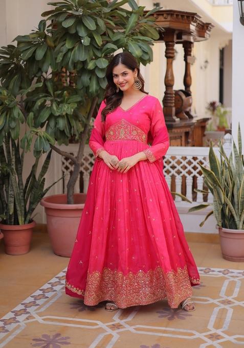 Pink Embroidered Silk Anarkali Set