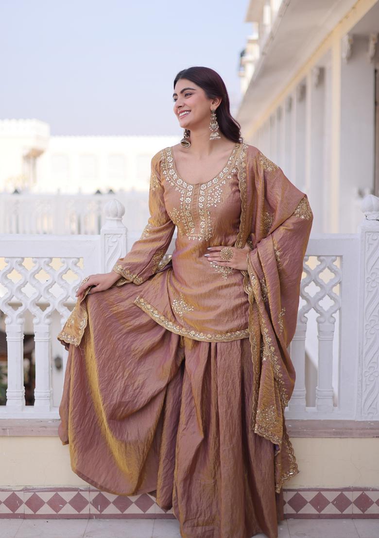 Golden Embroidered Fendi Crush Anarkali Set - Indya