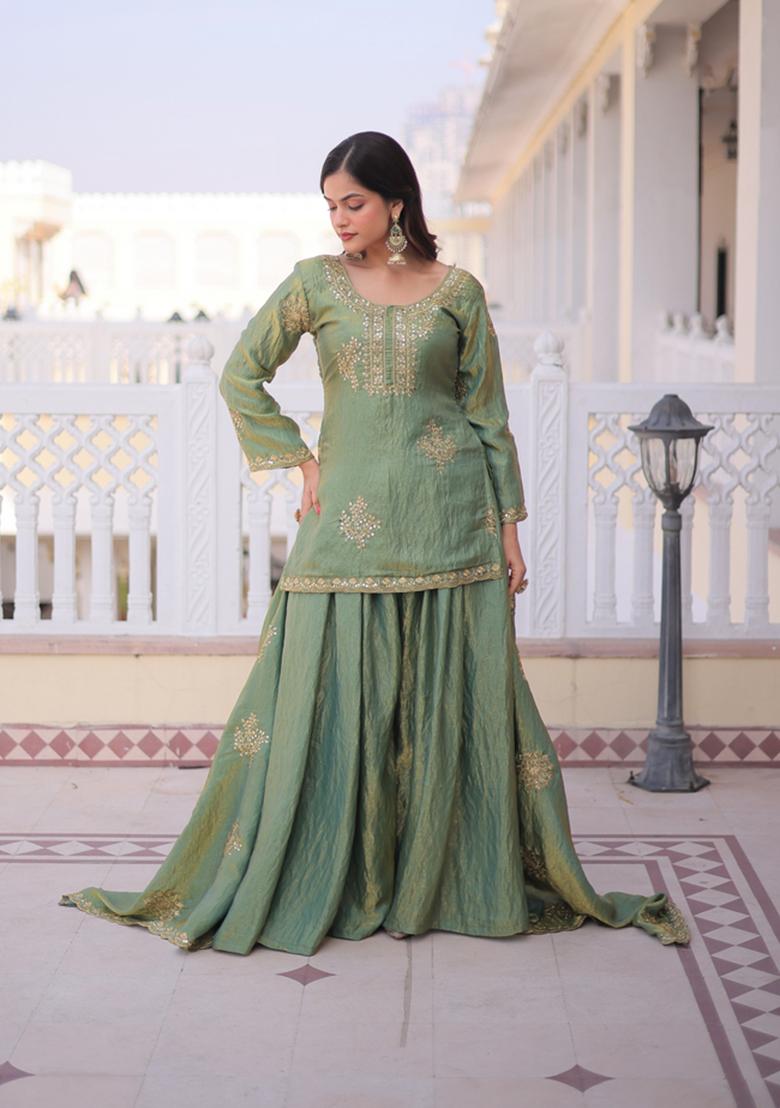 Golden Embroidered Fendi Crush Anarkali Set - Indya