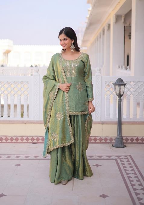 Golden Embroidered Fendi Crush Anarkali Set