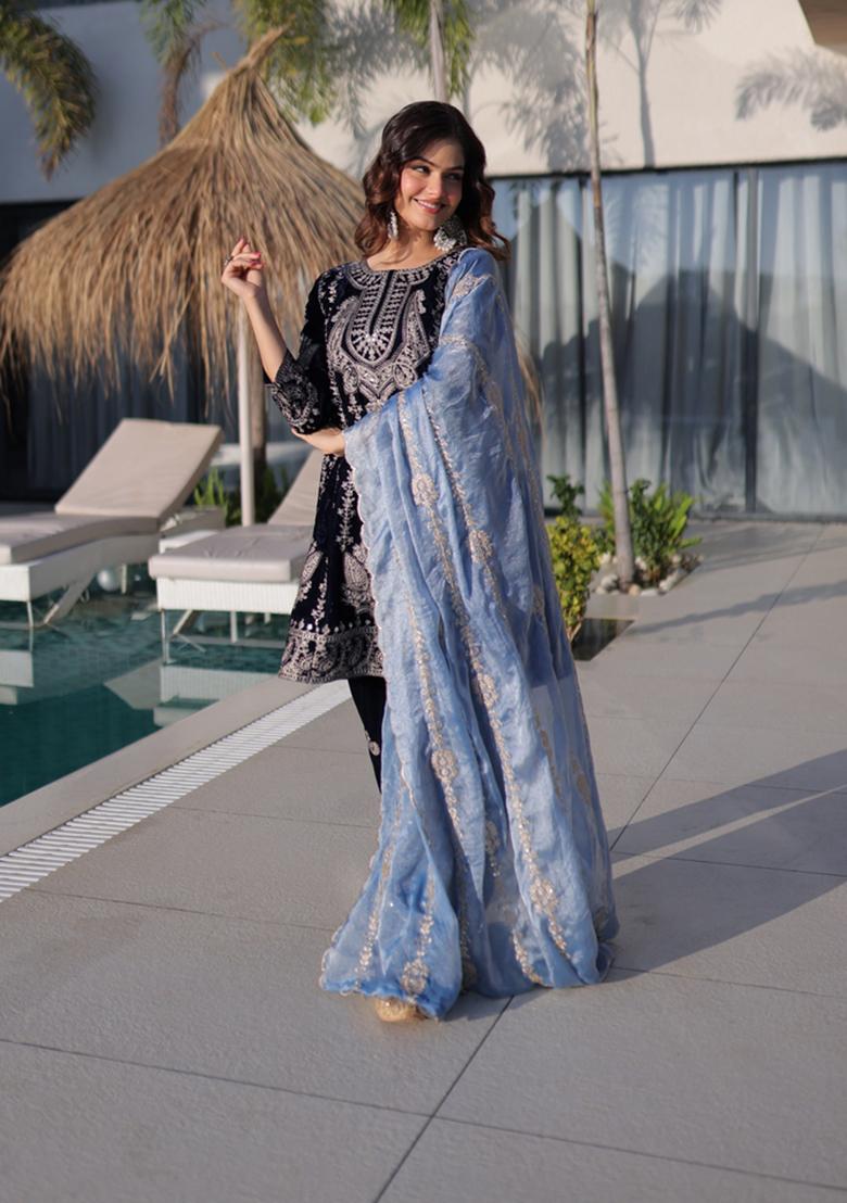 Black Embroidered Velvet Anarkali Set - Indya