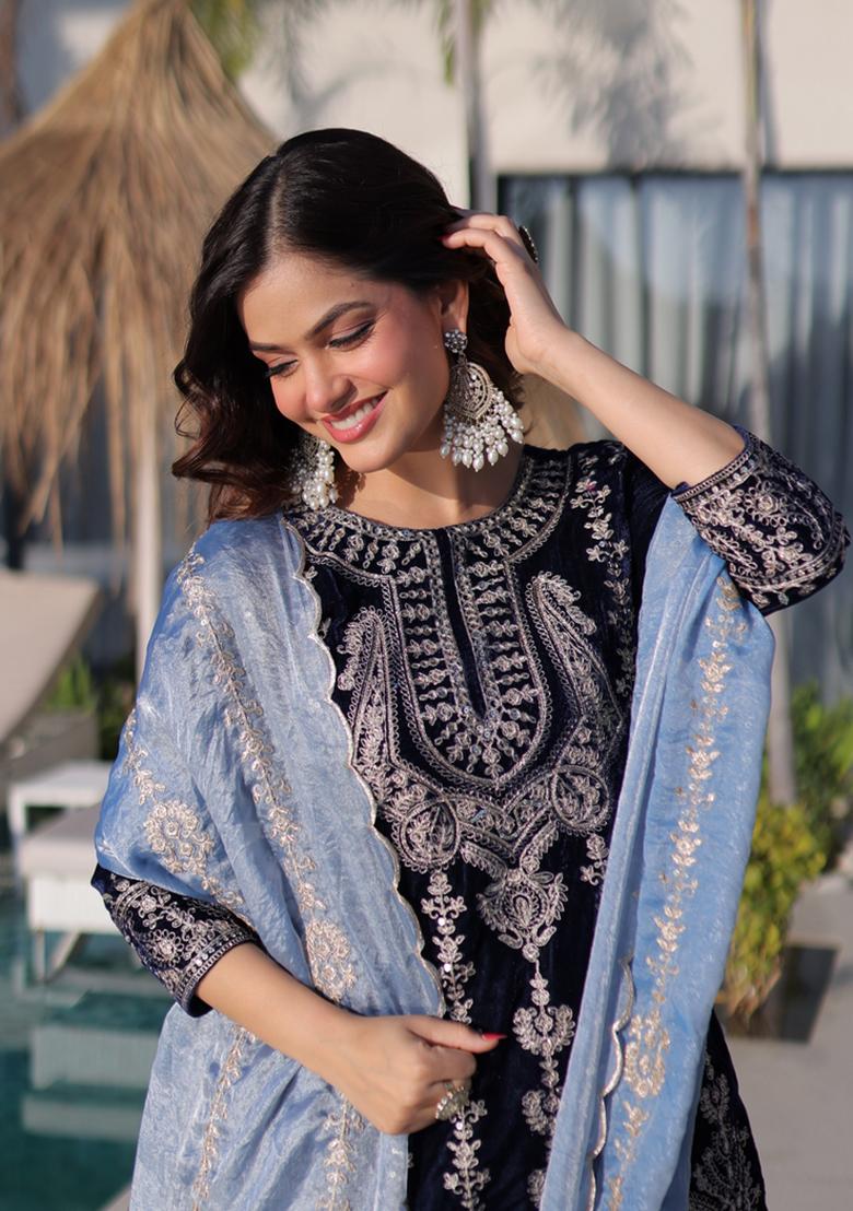 Black Embroidered Velvet Anarkali Set - Indya