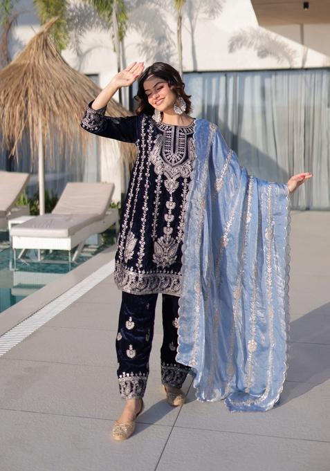 Black Embroidered Velvet Anarkali Set
