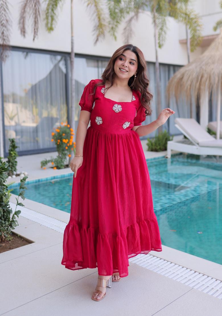 Pink Beads Work Silk Blend Anarkali - Indya