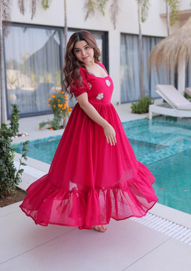 Pink Beads Work Silk Blend Anarkali - Indya