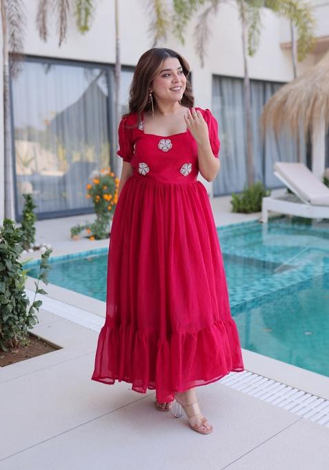 Pink Beads Work Silk Anarkali