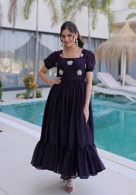 Wine Beads Work Silk Blend Anarkali