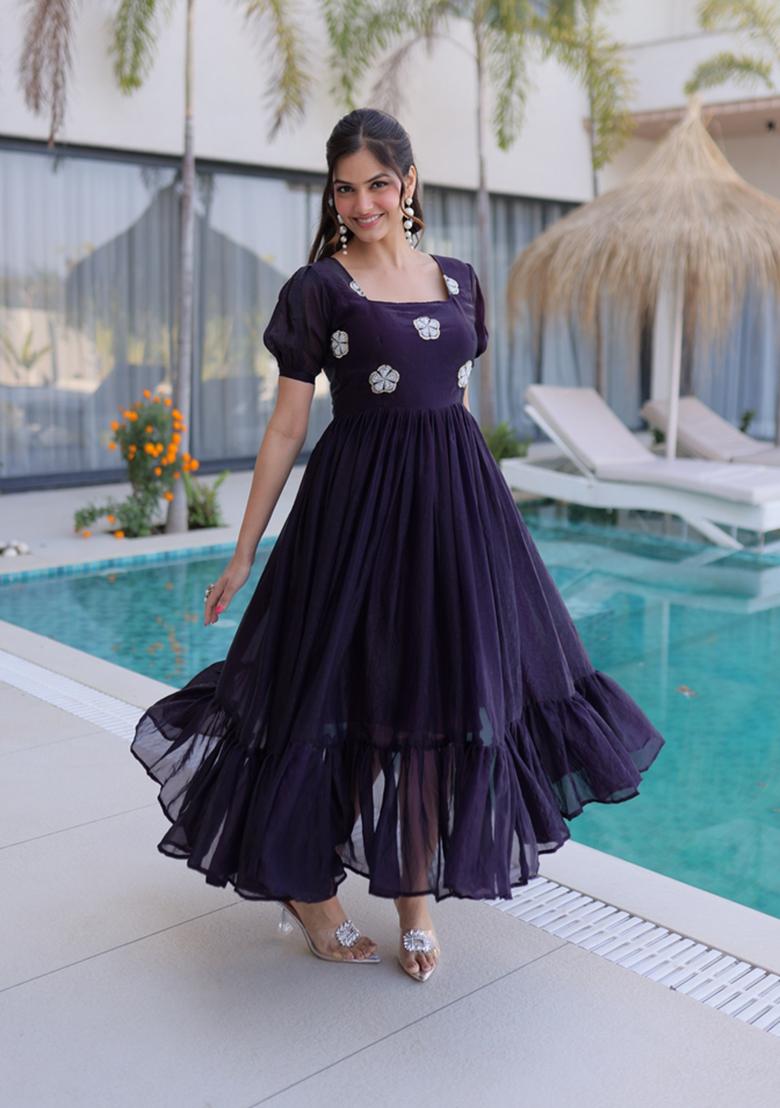 Wine Beads Work Silk Blend Anarkali - Indya
